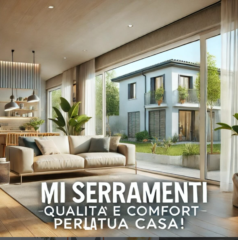 Un luminoso e moderno soggiorno che si apre su un patio con giardino e casa, con la scritta 