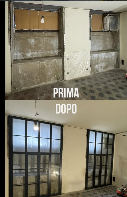 Un confronto a schermo diviso di una ristrutturazione di una stanza che mostra le vecchie nicchie delle finestre 