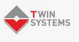 Logo per Twin Systems, caratterizzato da una forma a diamante divisa in un triangolo superiore grigio e un triangolo inferiore rosso con del testo.