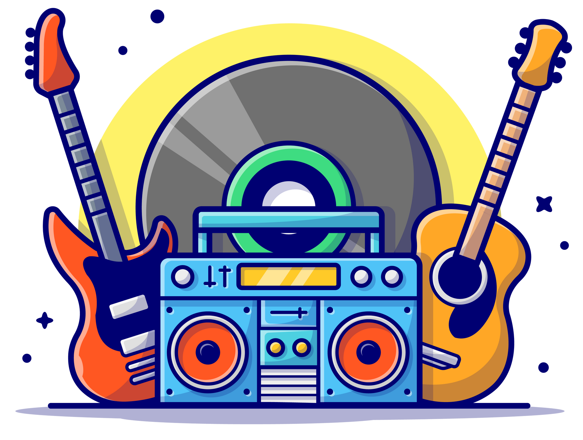 A cartoon illustration of guitars , a boombox , and a record.