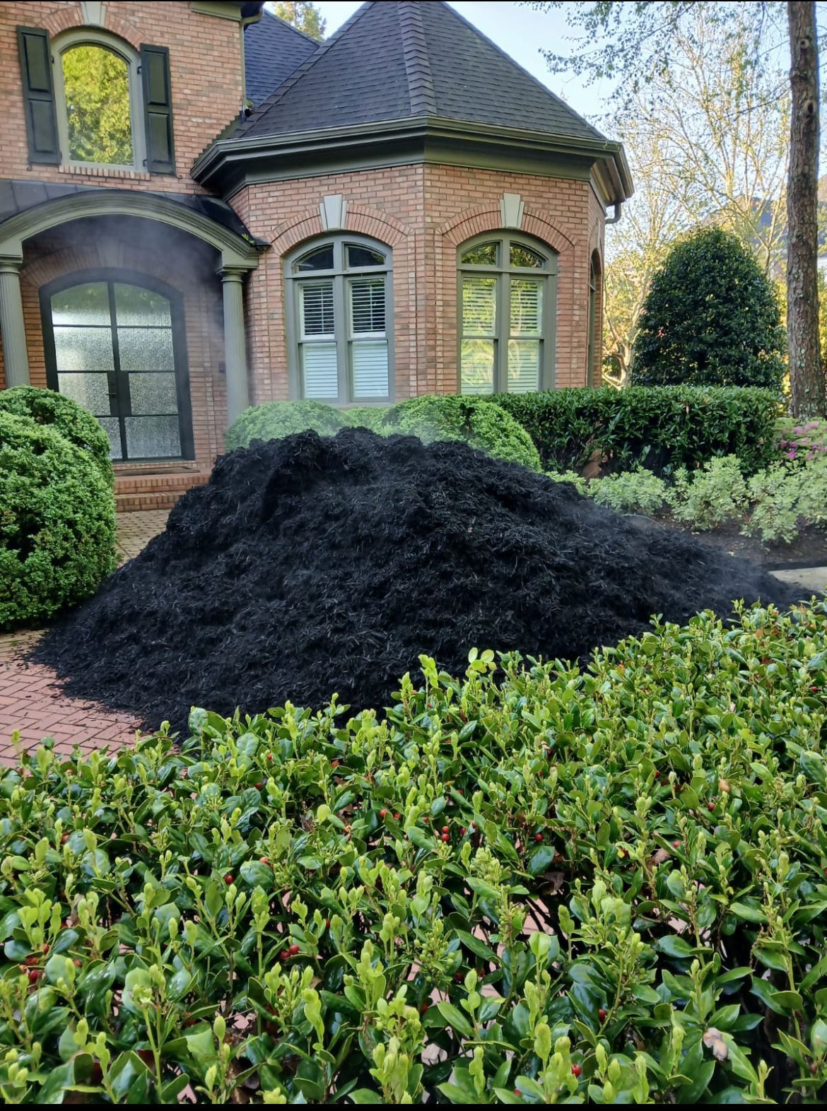 A large pile of black mulch is in front of a brick house. A large pile of black mulch is in front of a brick house.