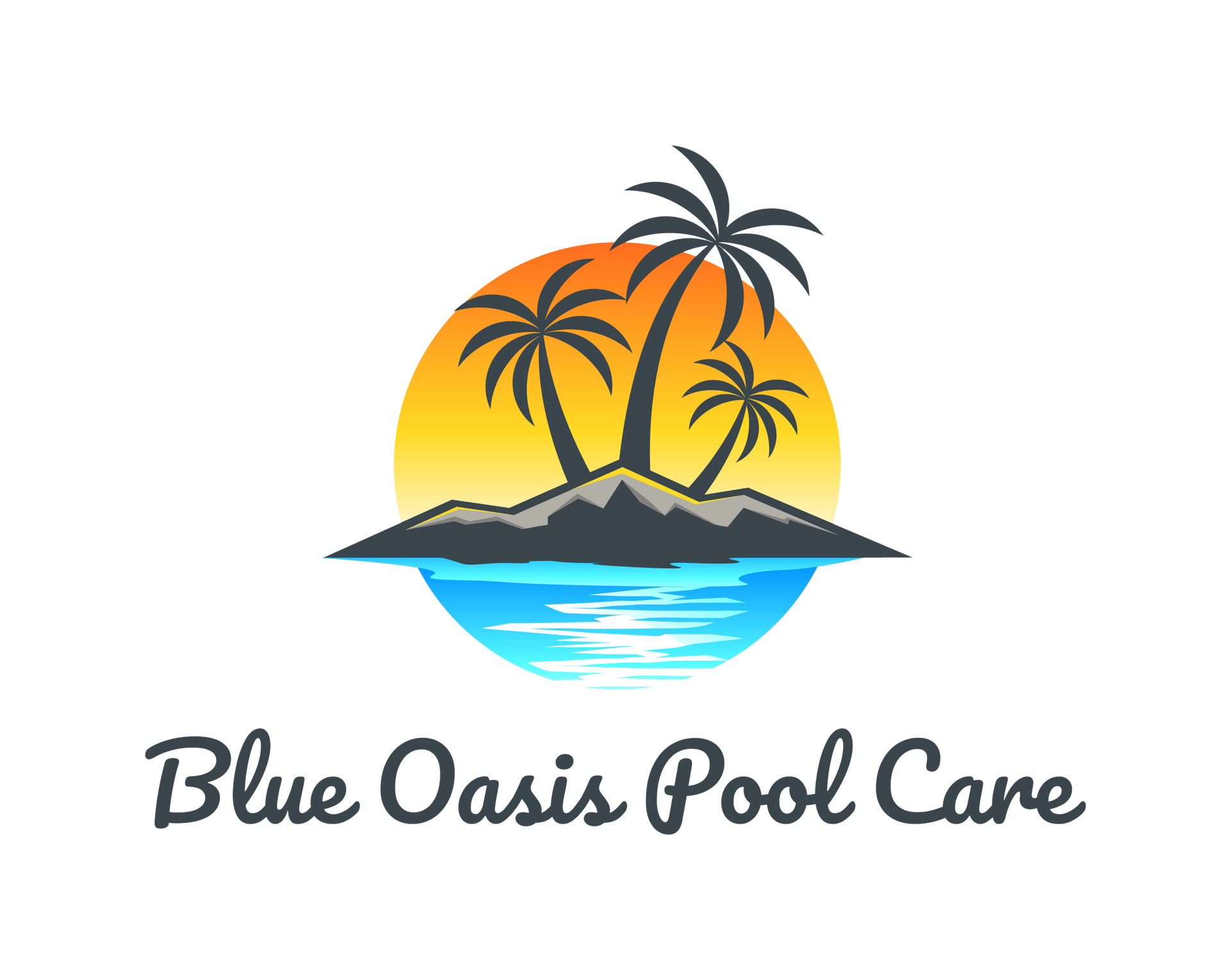 The logo for blue oasis pool care shows a sunset with palm trees in the foreground.