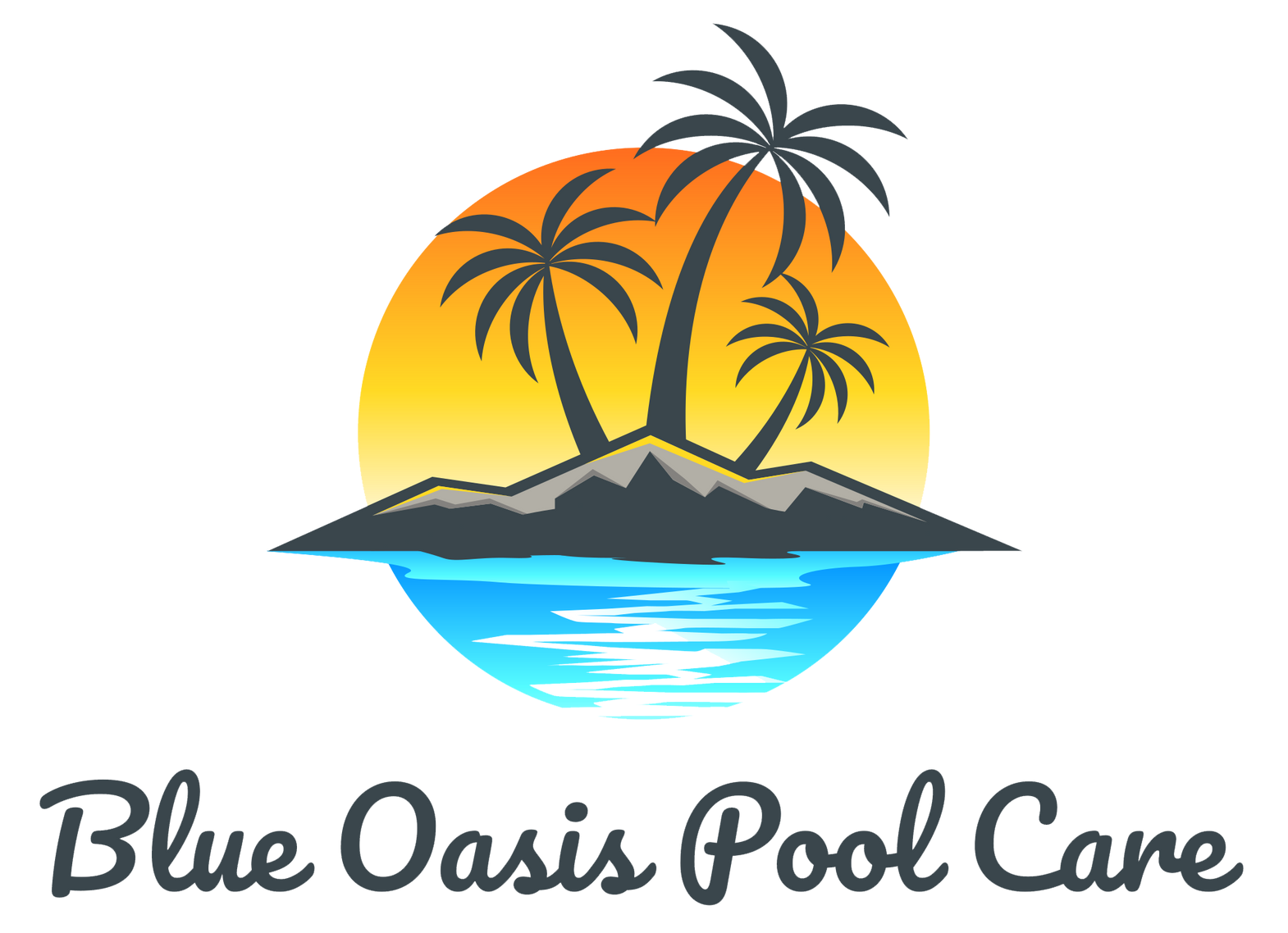 The logo for blue oasis pool care shows a small island in the middle of the ocean.