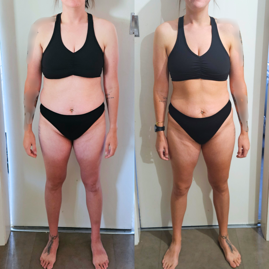 A before and after photo of a woman in a black bikini