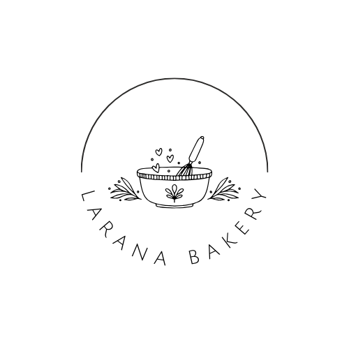 Logo for Larana Bakery: bowl, whisk, hearts, leaves, and text within a circle.