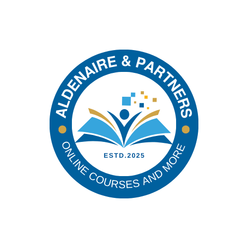 Logo: Blue circle with text "Aldenaire & Partners." Inside: Open book with person, online courses and more.