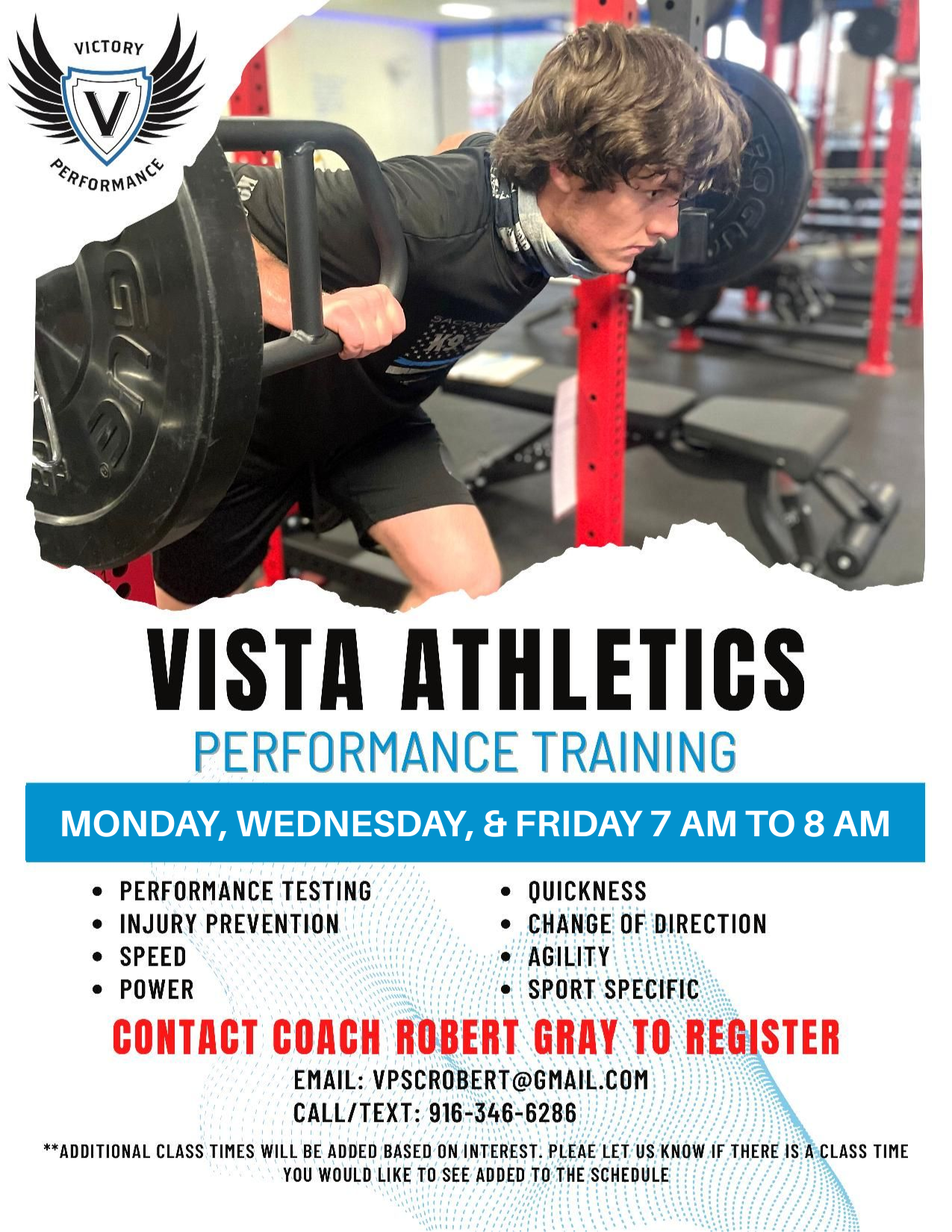 A person doing a weightlifting exercise in a gym setting. Flyer advertises Vista Athletics performance training on Tuesdays and Thursdays from 4:00-5:00 PM.