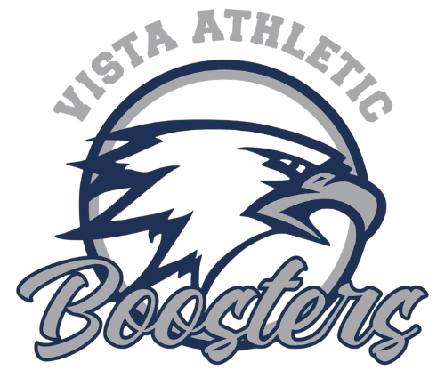 Vista Athletic Boosters logo with eagle graphic. Navy and gray on white background.
