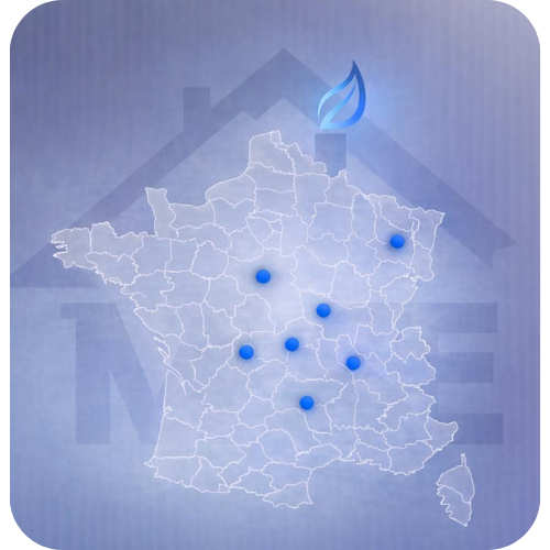 Carte de France avec des points bleus et une icône de flamme, le tout inscrit dans le contour d'une maison, sur un fond bleu dégradé.