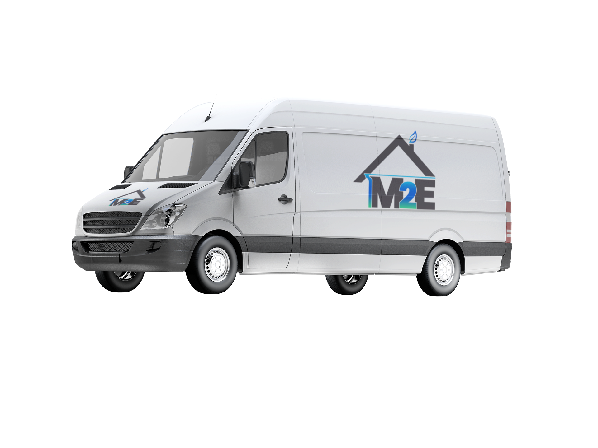 Fourgonnette blanche avec le logo M2E sur le côté.