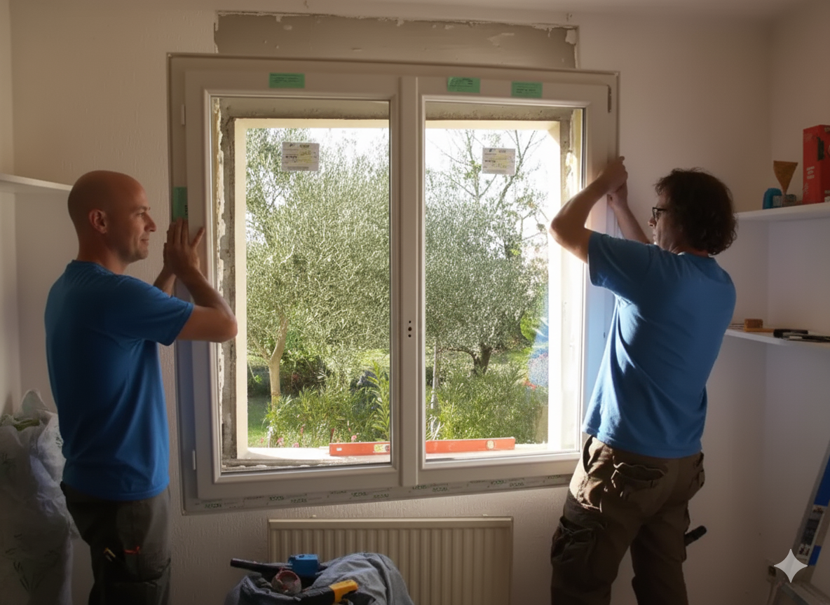 Deux personnes installent une fenêtre dans une pièce aux murs blancs, donnant sur une vue d'arbres verdoyants.