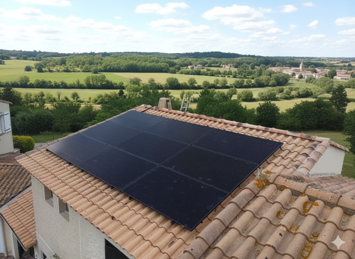 Panneaux solaires sur un toit de tuiles, avec un paysage rural en arrière-plan.
