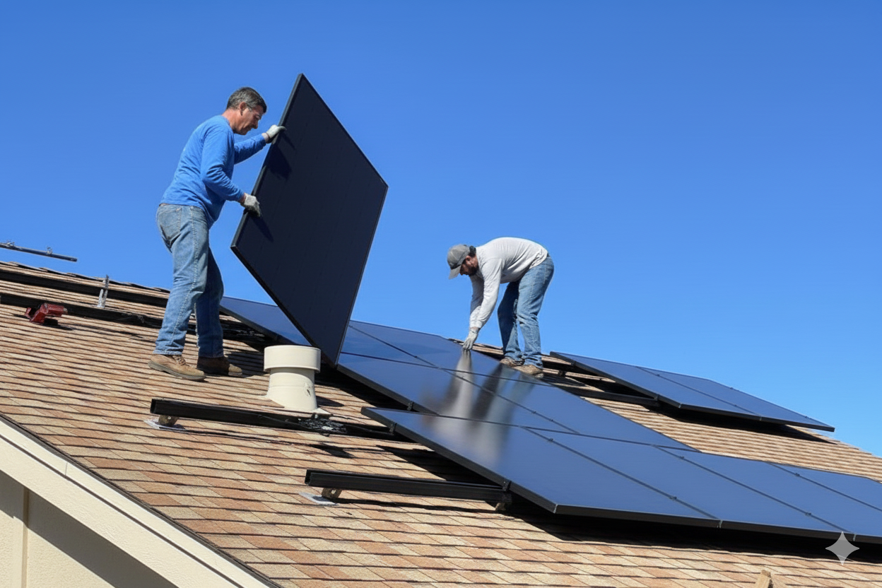 Deux personnes installent des panneaux solaires sur un toit, sur fond de ciel bleu azur.