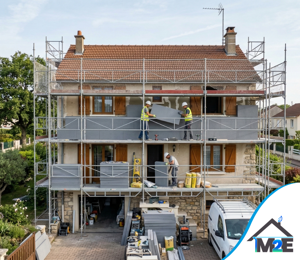 Des ouvriers installent de l'isolant sur une maison à l'aide d'échafaudages. La maison compte deux étages et possède une façade en briques.