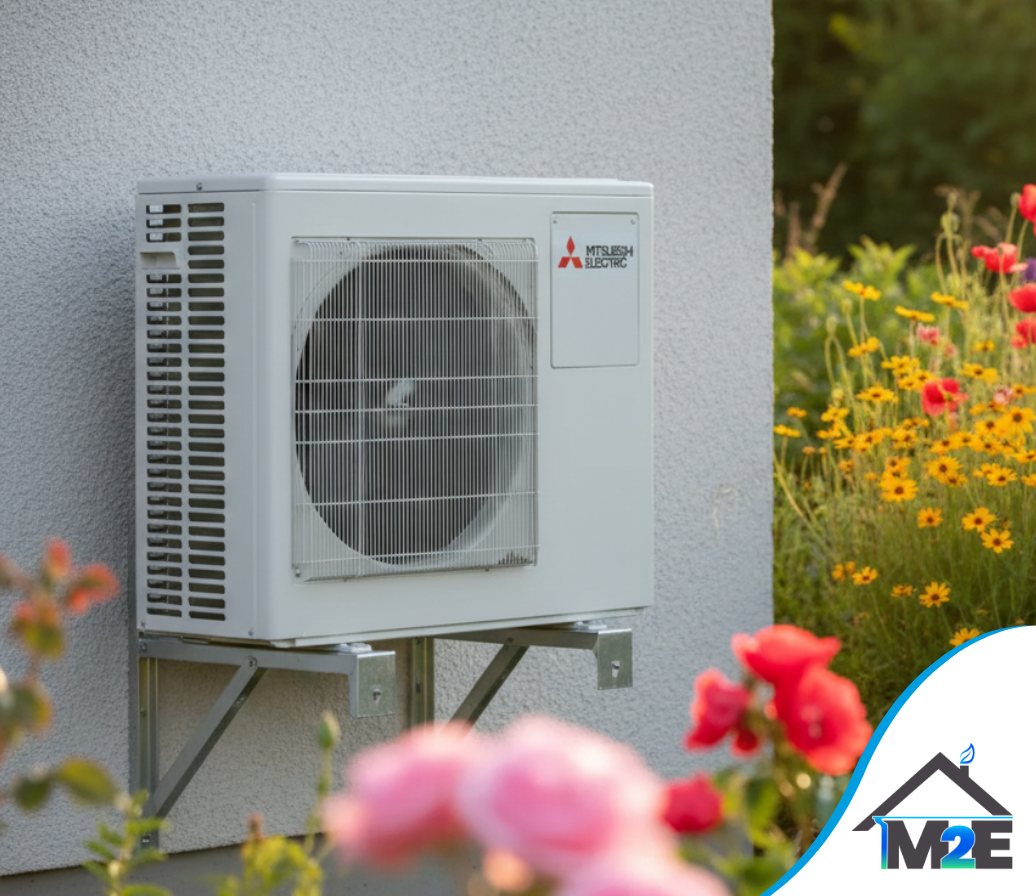 Unité de pompe à chaleur Mitsubishi Electric installée à l'extérieur, près des fleurs.