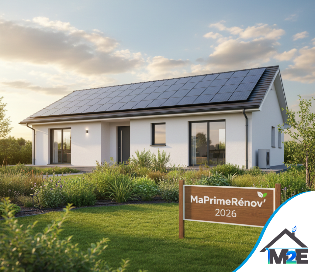 Maison blanche moderne avec panneaux solaires, pelouse verte, panneau : « MaPrimeRénov' » 2026.