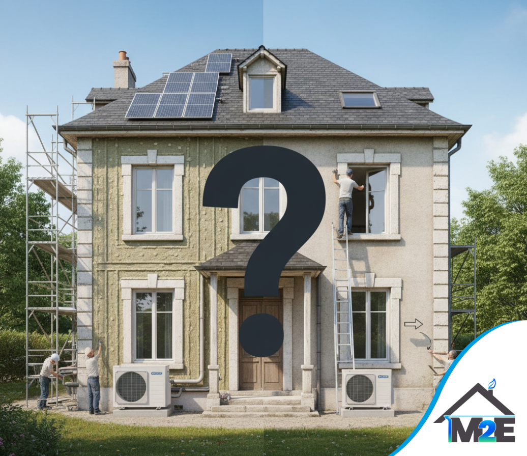 Maison divisée : partie gauche en rénovation, partie droite non. Point d’interrogation au-dessus de la porte. Texte : Rénovation, grande rénovation, rénovation par étapes.