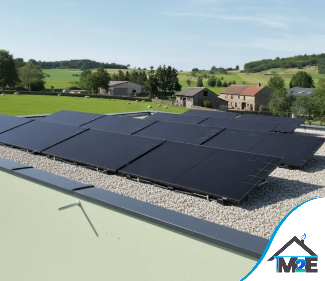 Panneaux solaires sur le toit d'un bâtiment, cadre rural avec des champs et des bâtiments en arrière-plan.