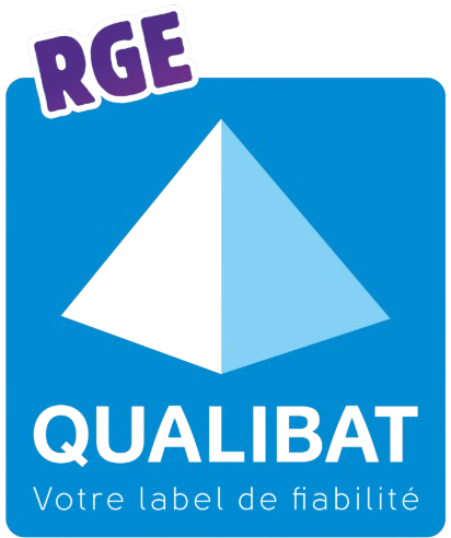 RGE Qualibat logo: Blue square with pyramid shape, text 