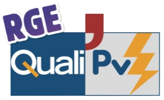 Logo de RGE Quali PV. « RGE » en violet ; « Quali PV » avec un carré bleu et un éclair.