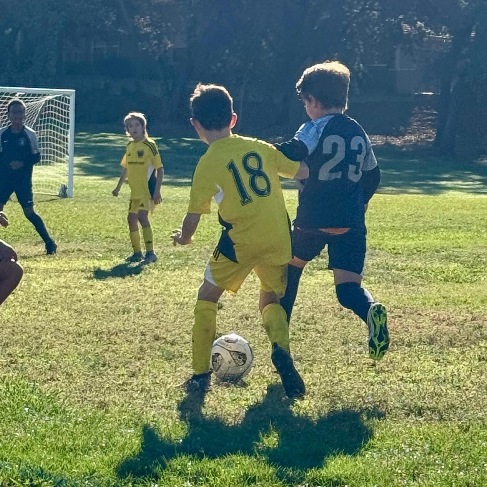 Three children play soccer on a sunny field; a player in a yellow jersey with number 18 dribbles the ball near a teammate.