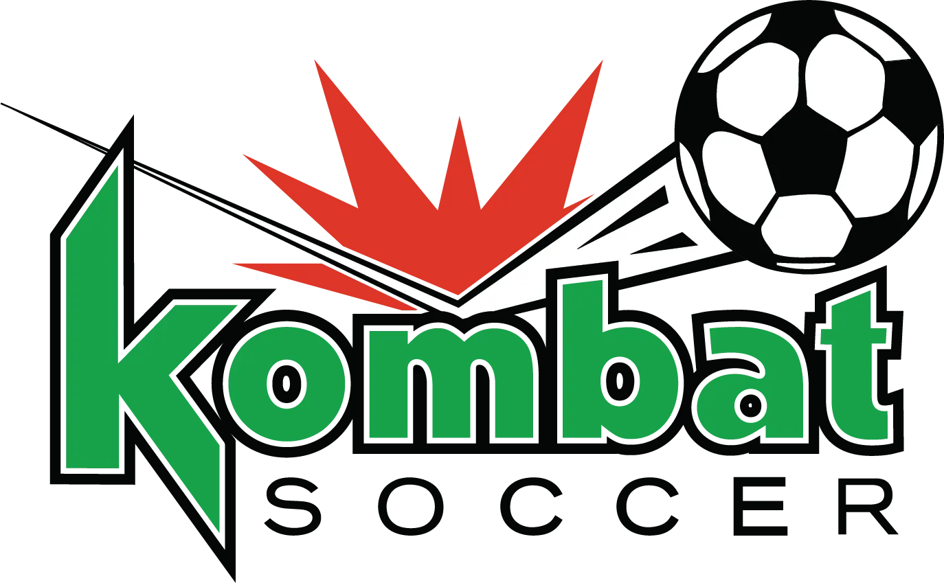 Logo for "Kombat Soccer" with green block letters, a red stylized star burst, and a black and white soccer ball.