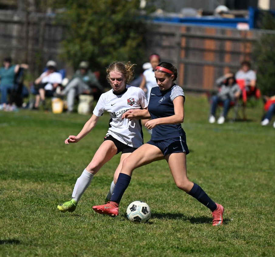 Two soccer players in team jerseys compete for the ball on a grassy field, with spectators in the blurred background.