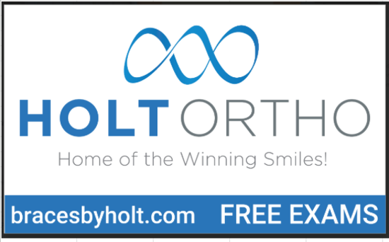 Logo for Holt Ortho featuring a blue infinity icon, the company name, and a blue banner advertising free exams.