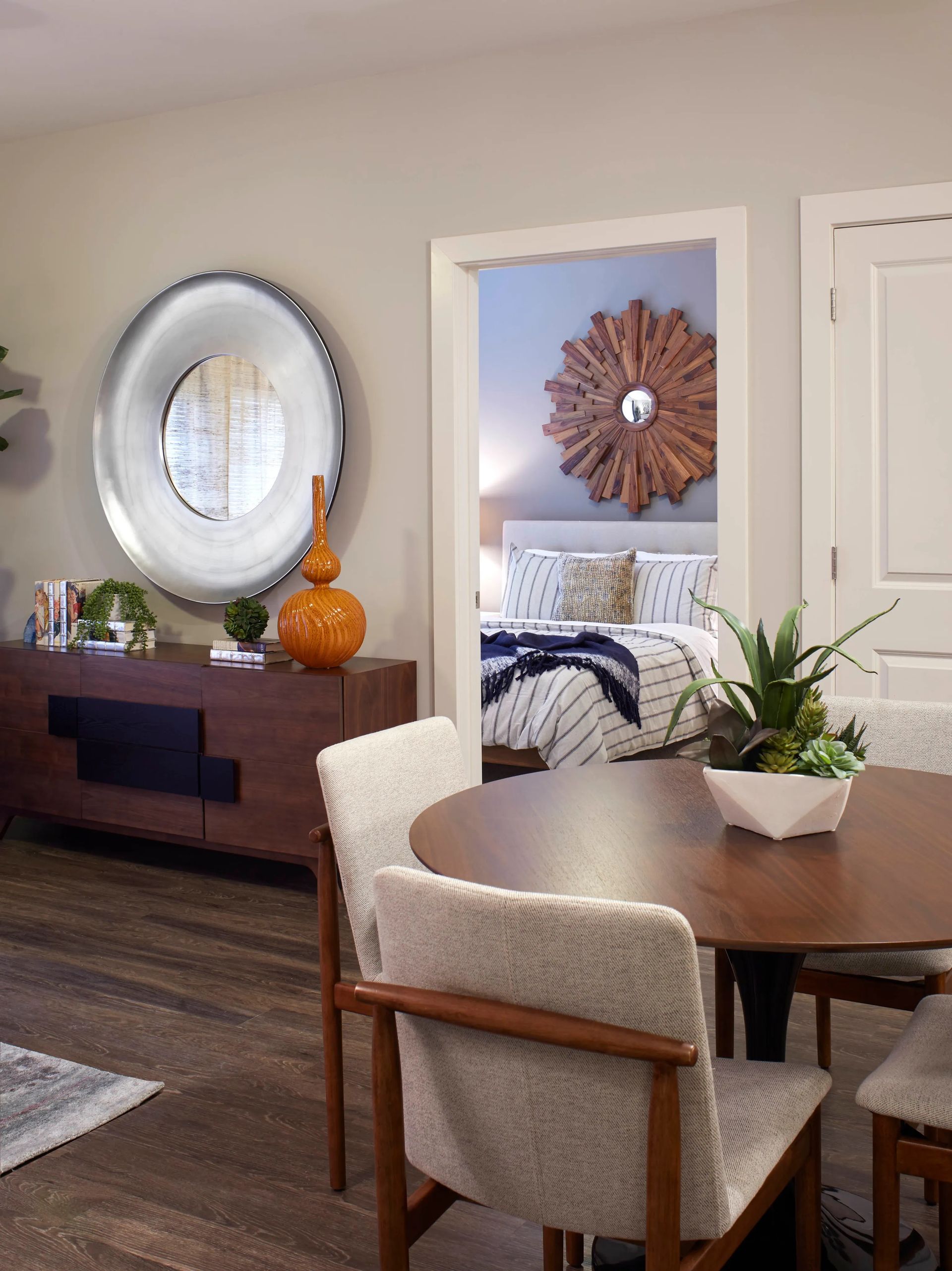 Dining area with designer details at The Mave in Stoneham, MA.