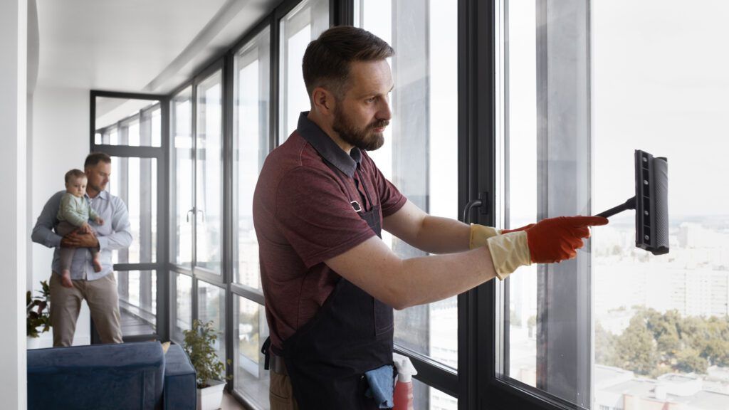 Man Washing a Sliding Glass Door in Lakewood NJ 08701