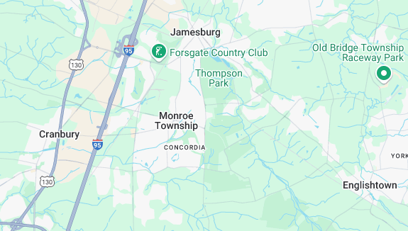 A map of Monroe NJ, with a lot of trees and roads.