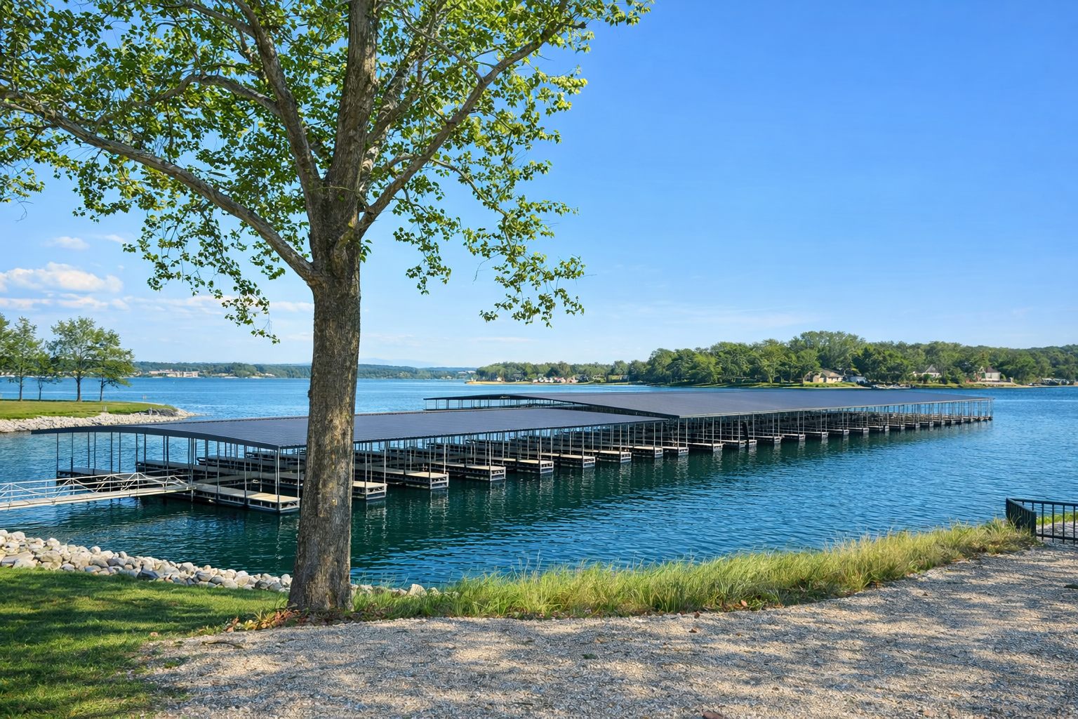 Modern floating boat docks at Denali RV Resort & Marina offering luxury boat slip rentals on Lake of the Ozarks.