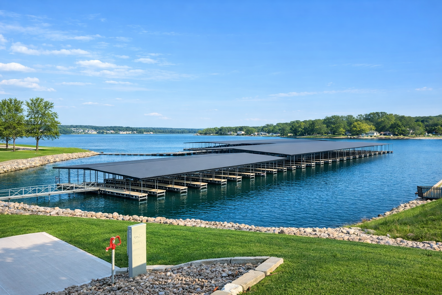 Boat docks and premium marina slips at Denali Luxury RV Resort overlooking Lake of the Ozarks.