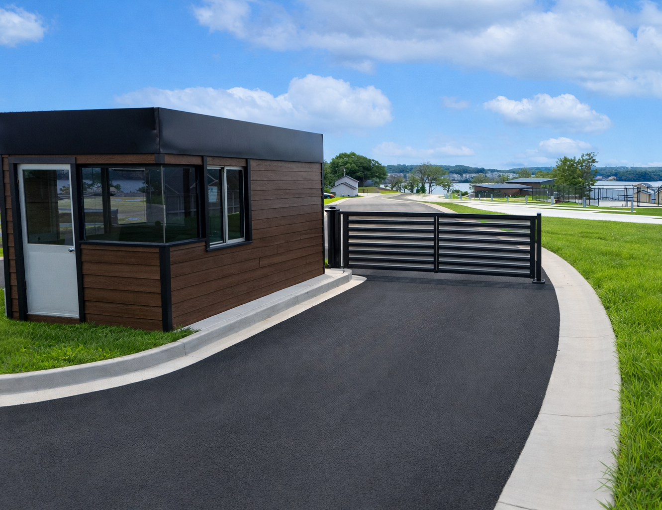 Guard house at a gated community entrance with a new asphalt road.
