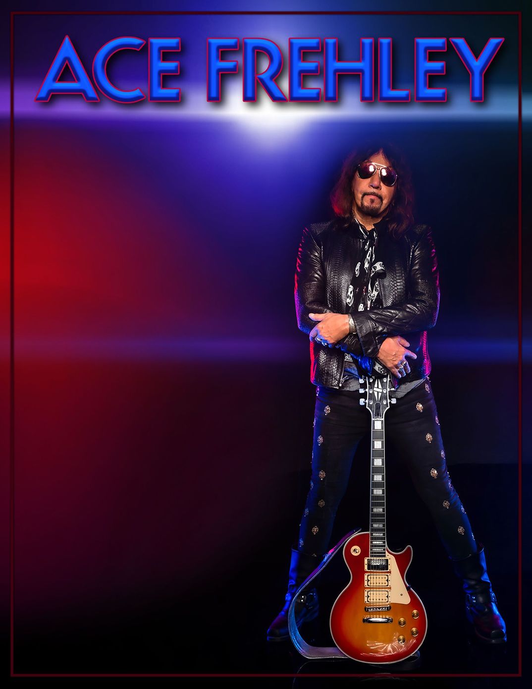 A poster for ace frehley with a man holding a guitar
