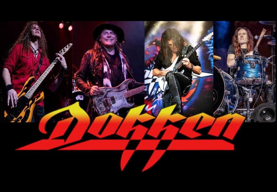 A group of men are playing guitars in front of a dokken logo