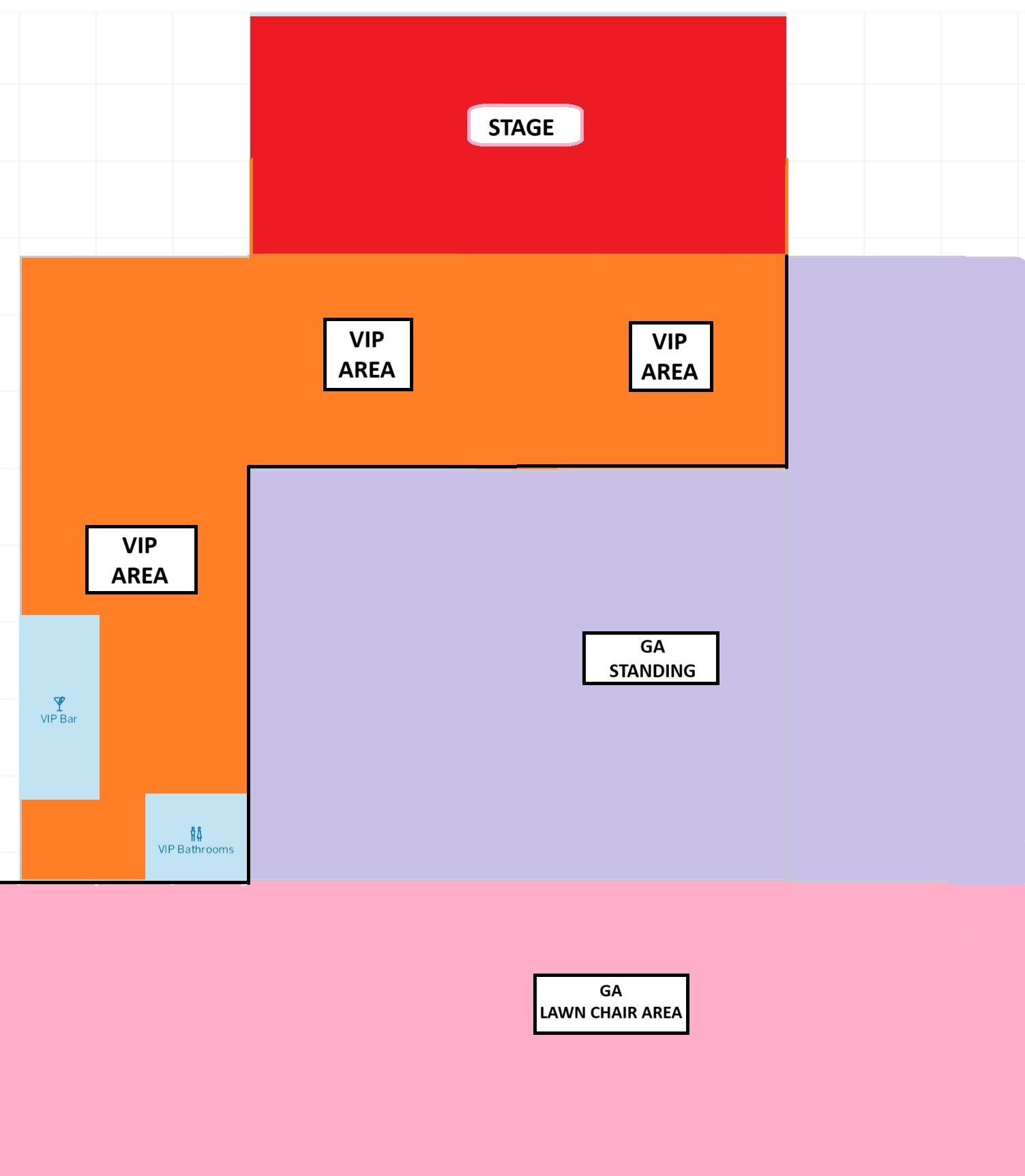 A drawing of a stage and vip area