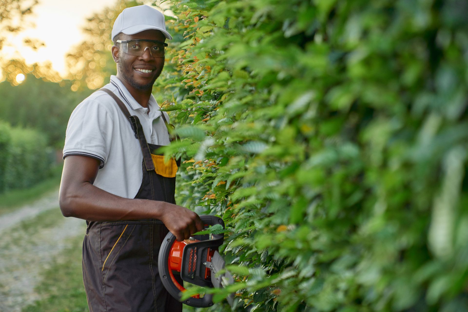 A man is cutting a hedge with a hedge trimmer.
