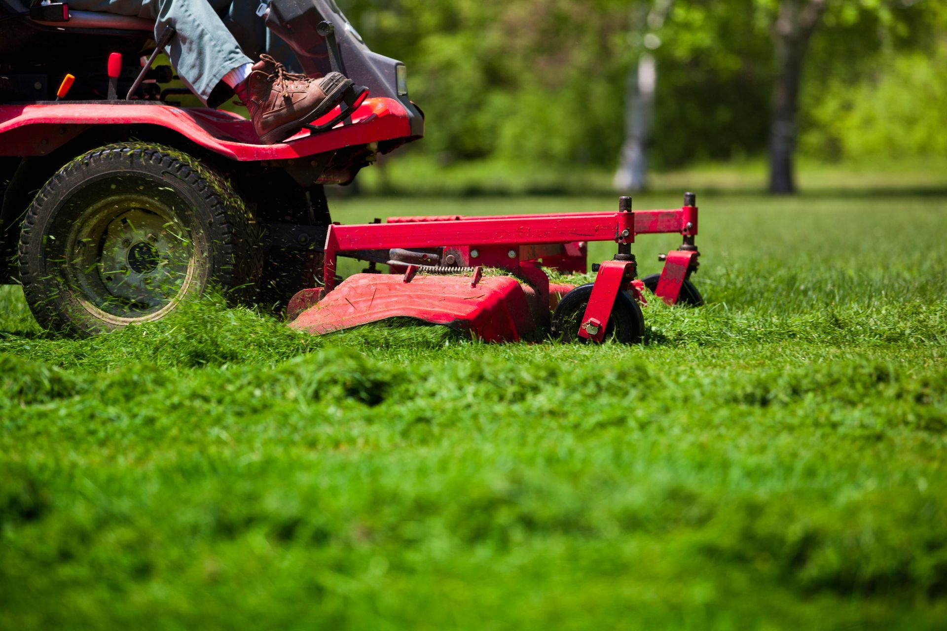 A man is riding a lawn mower through a lush green field.