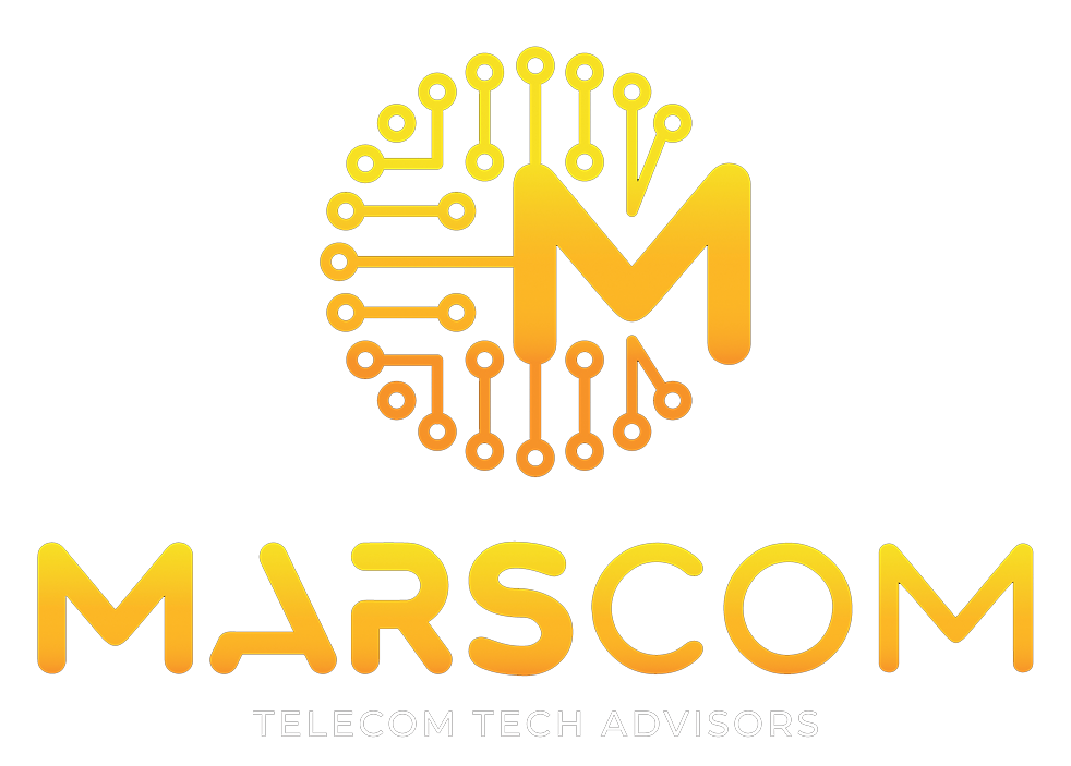 A yellow and orange logo for marscom telecom tech advisors