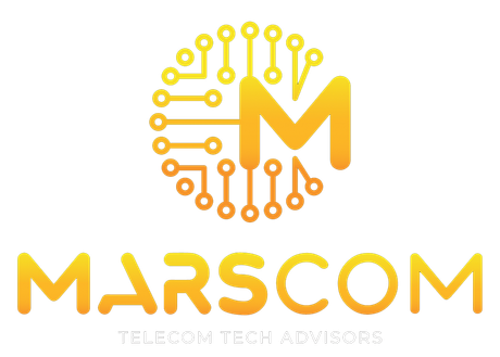 A yellow and orange logo for marscom telecom tech advisors