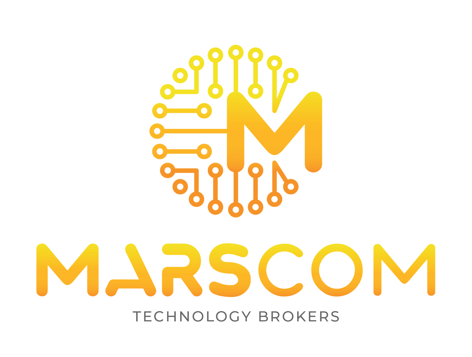 A yellow and orange logo for marscom telecom tech advisors