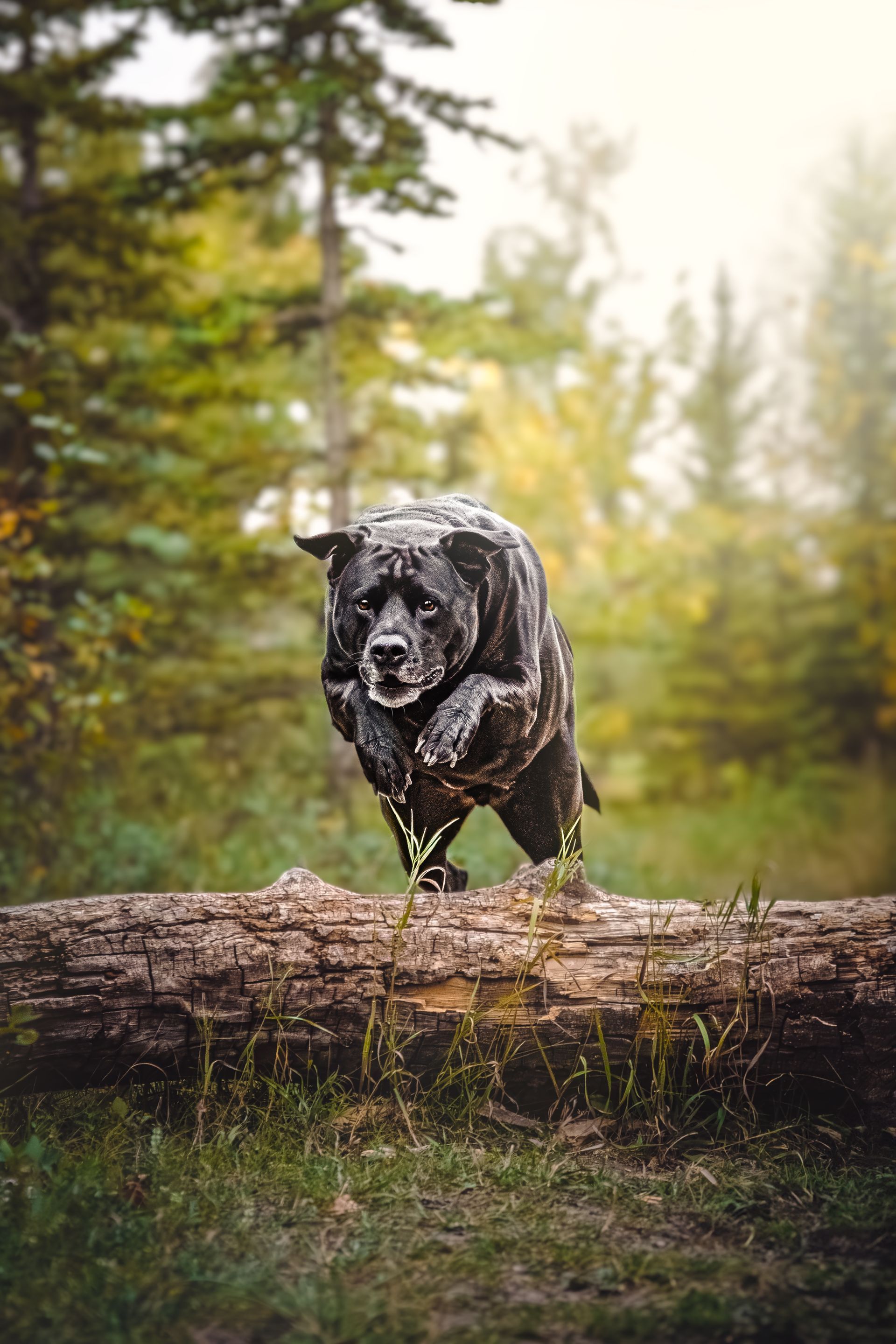 Dog jumping over a log at Fish Creek Park, Calgary, during a professional dog photography session.