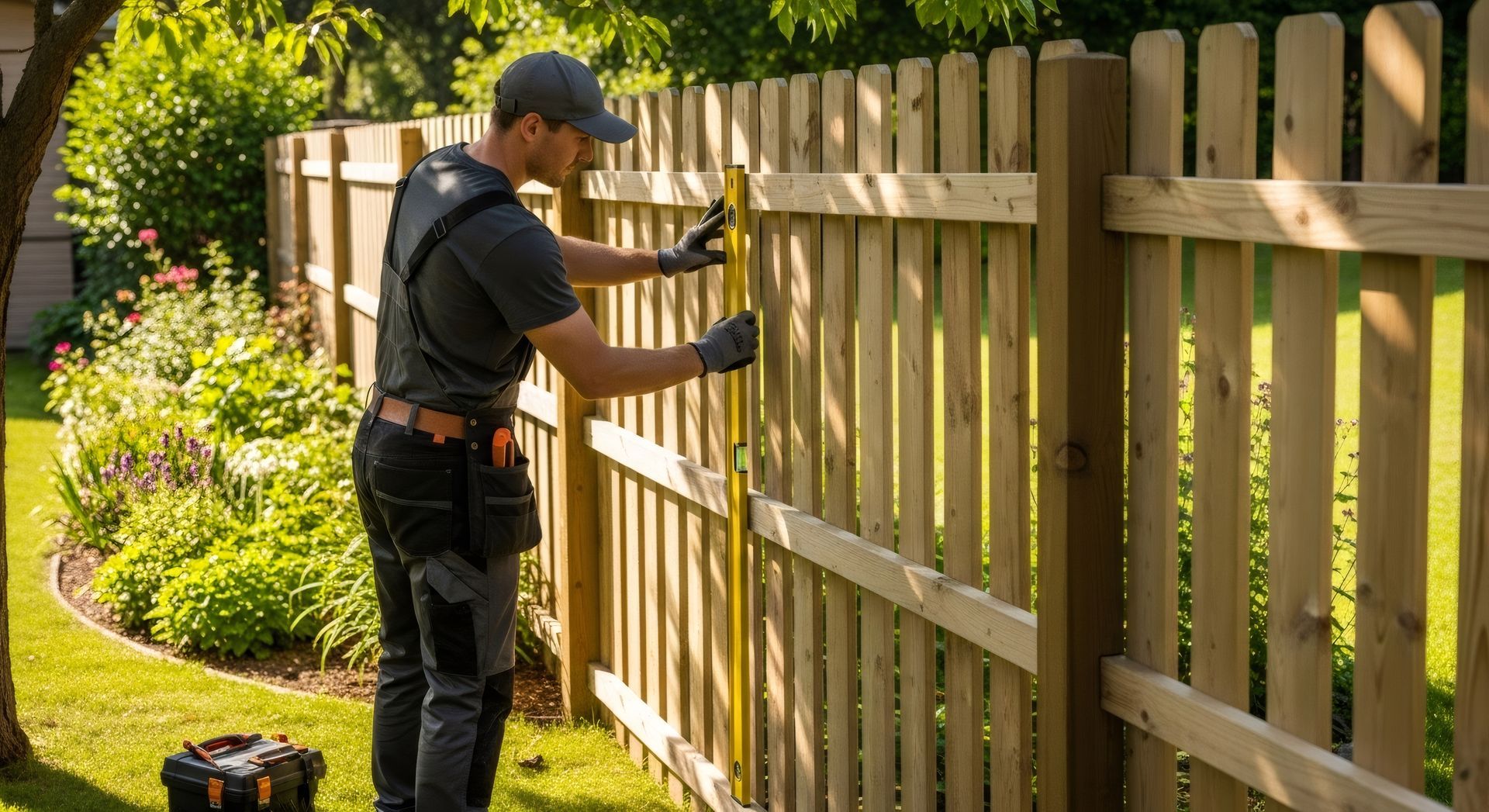 Residential fence contractor measuring and installing a wooden backyard fence.