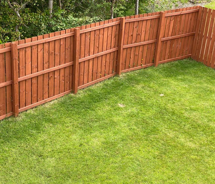 A wooden fence surrounds a lush green lawn in a backyard.