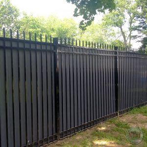 A black metal fence is surrounded by grass and trees.