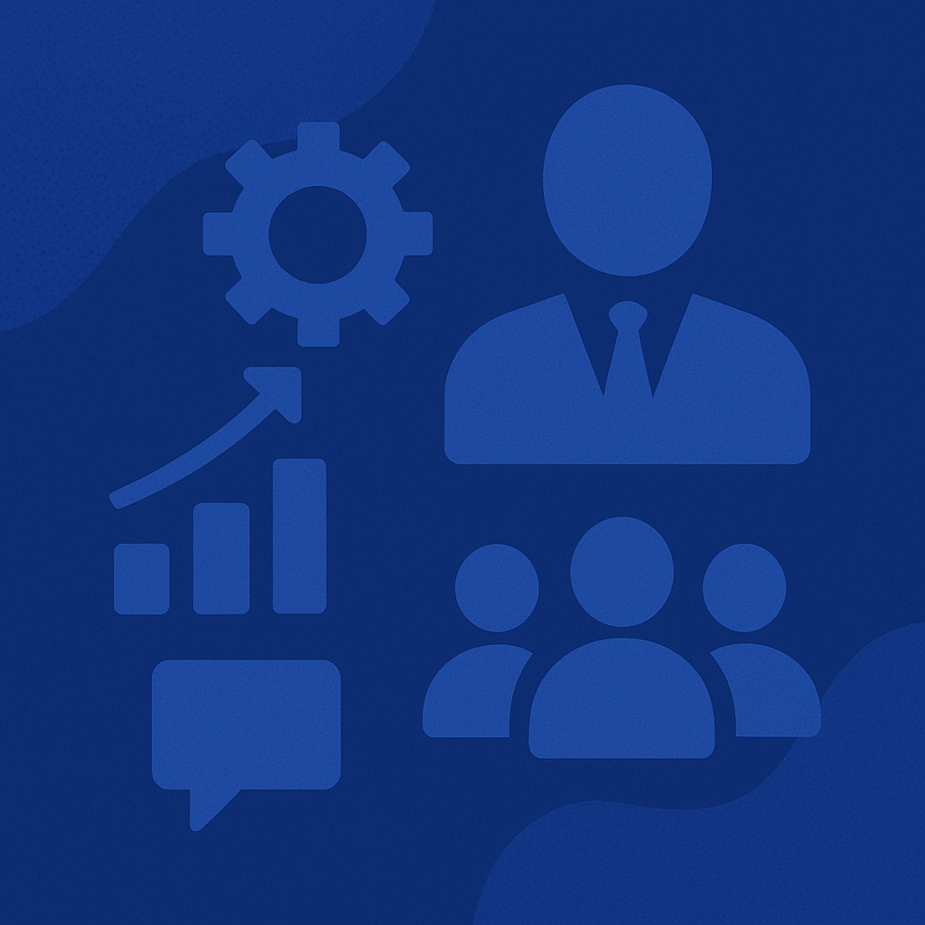 Concepto de negocio y gestión con icono de engranaje, gráfico, equipo y líder.