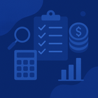 Iconos azules de una lupa, una lista de verificación, una calculadora, una pila de monedas y un gráfico de barras.