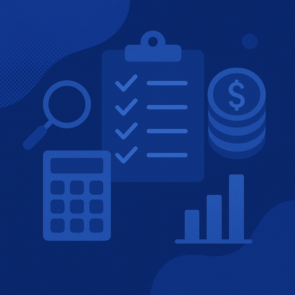 Iconos azules de una lupa, una lista de verificación, una calculadora, una pila de monedas y un gráfico de barras.