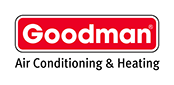 The logo for goodman air conditioning and heating is red and white.